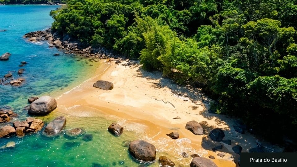 Praia selvagem com rochas grandes, costão acidentado e mar agitado, cercada por vegetação densa na Costeira dos Zimbros.
